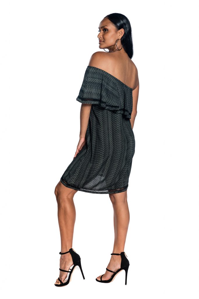 Female model wearing One Shoulder Dress in Black and Grey - Side View