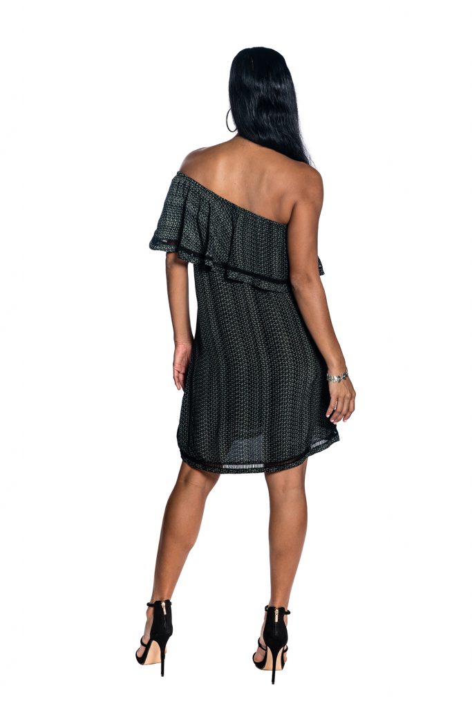 Female model wearing One Shoulder Dress in Black and Grey - Back View