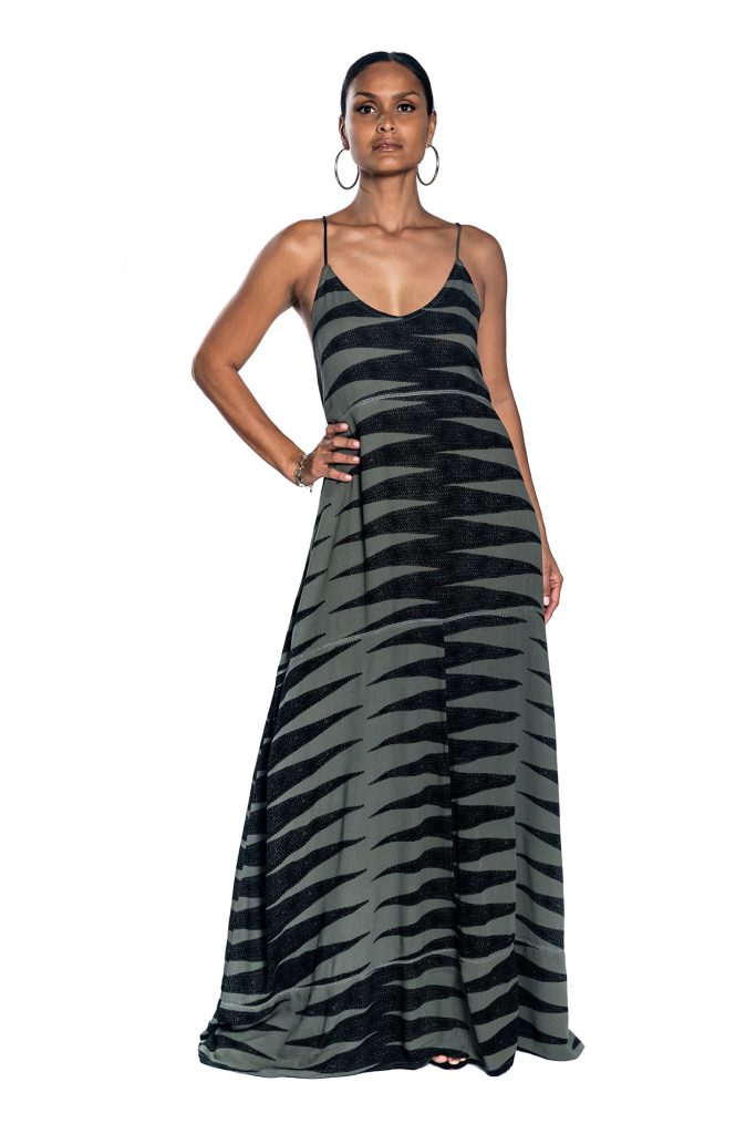 Female model wearing Maxi Dress in Grey and Black - Front View