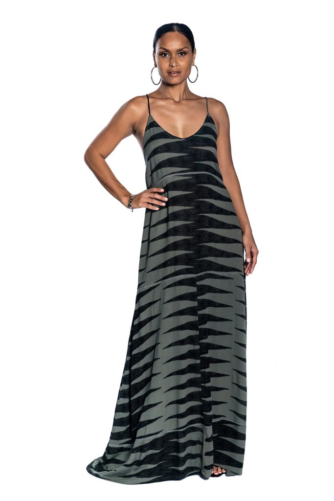Female model wearing Maxi Dress in Grey and Black - Front View