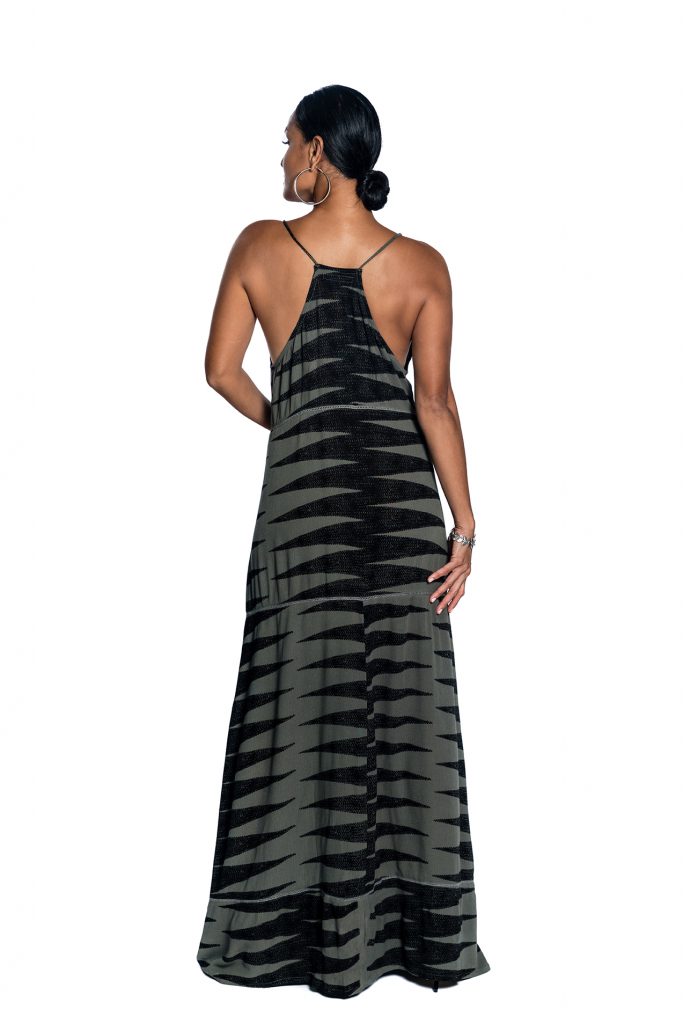 Female model wearing Maxi Dress in Grey and Black - Back View