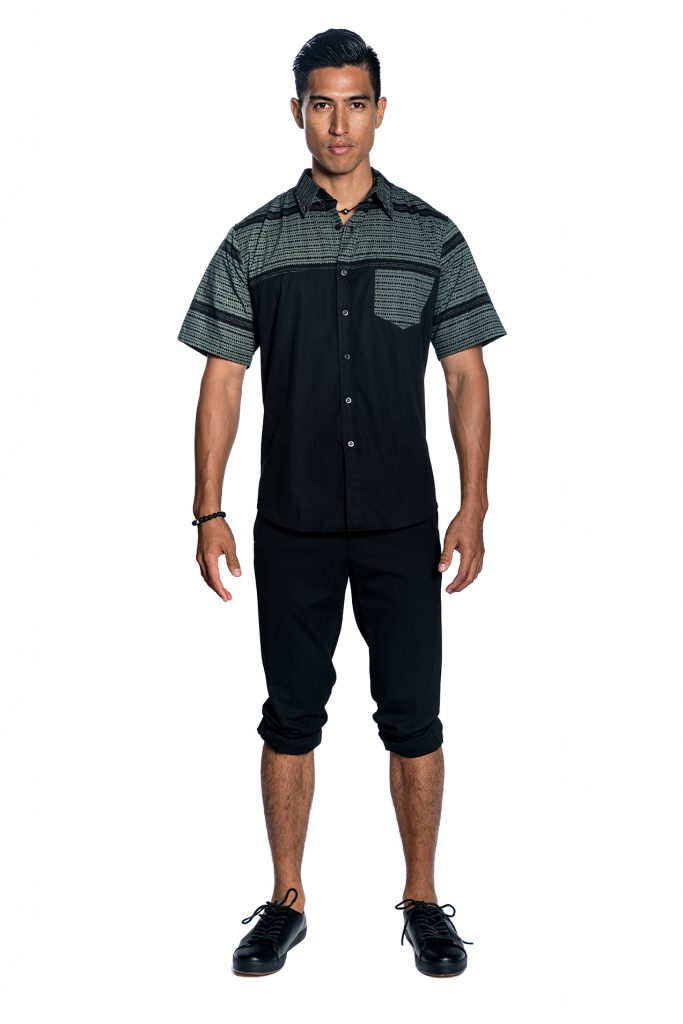 Male model wearing Short Sleeve Shirt in Black and Grey - Front View