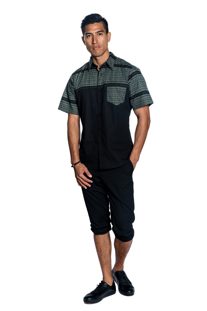 Male model wearing Short Sleeve Shirt in Black and Grey - Front View