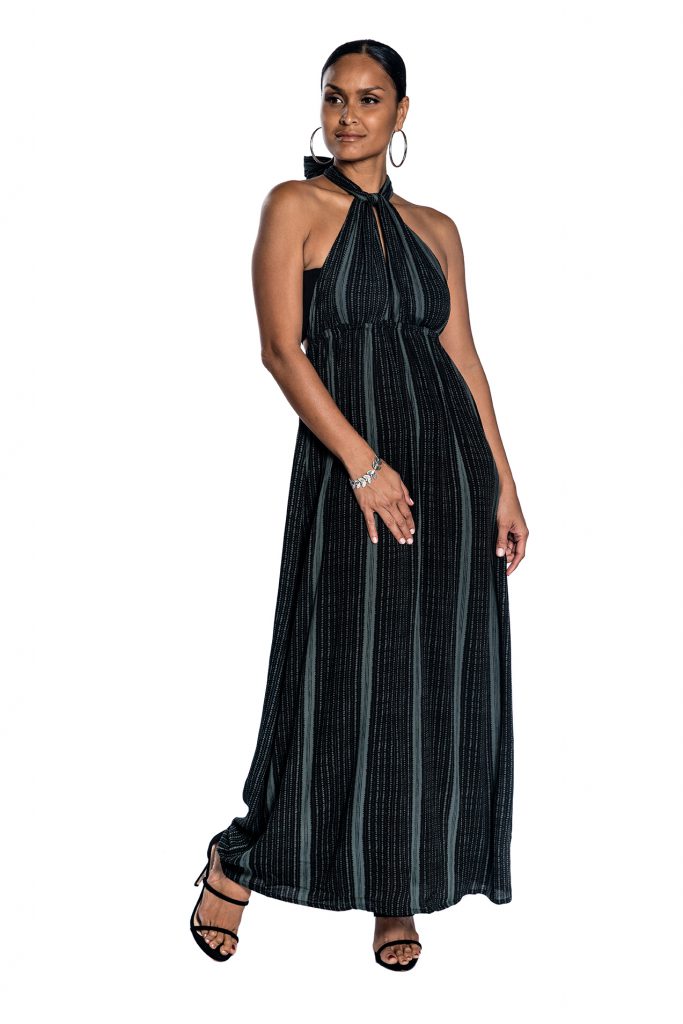 Female model wearing Black and Grey Maxi Dress - Front View