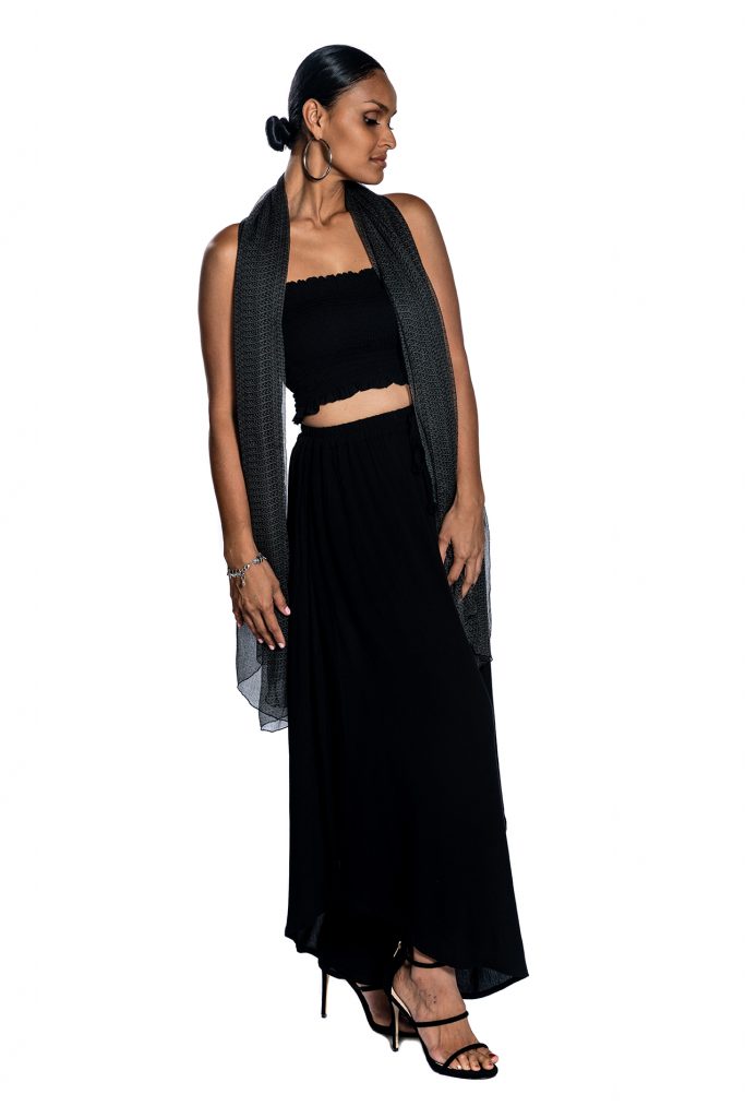 Female model wearing Grey Scarf