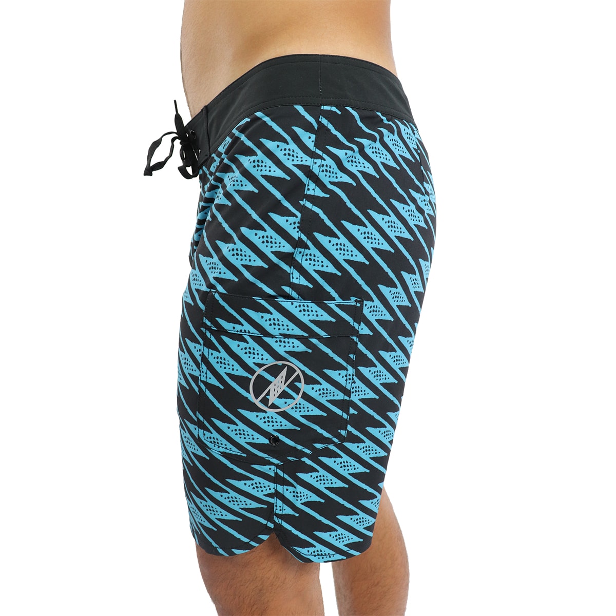 Male model wearing 4 Way Stretch Shorts in Uwila Pattern and Aqua Color - Side View