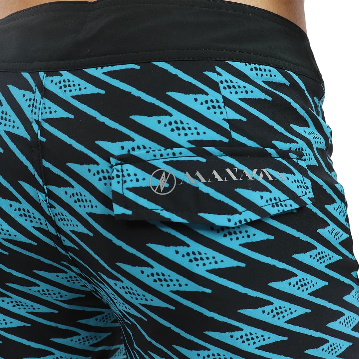 Male model wearing 4 Way Stretch Shorts in Uwila Pattern and Aqua Color - Back View