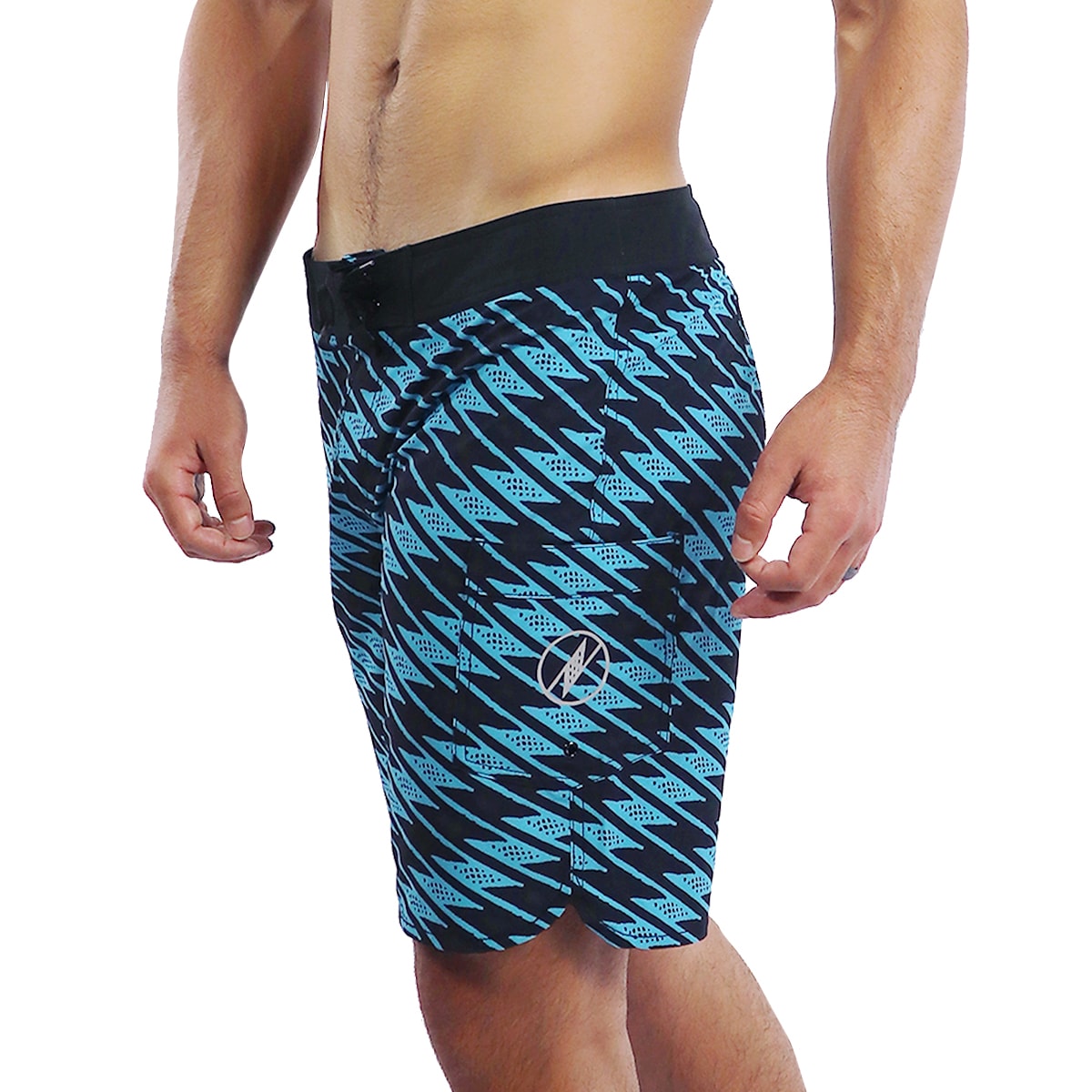 Male model wearing 4 Way Stretch Shorts in Uwila Pattern and Aqua Color - Side View