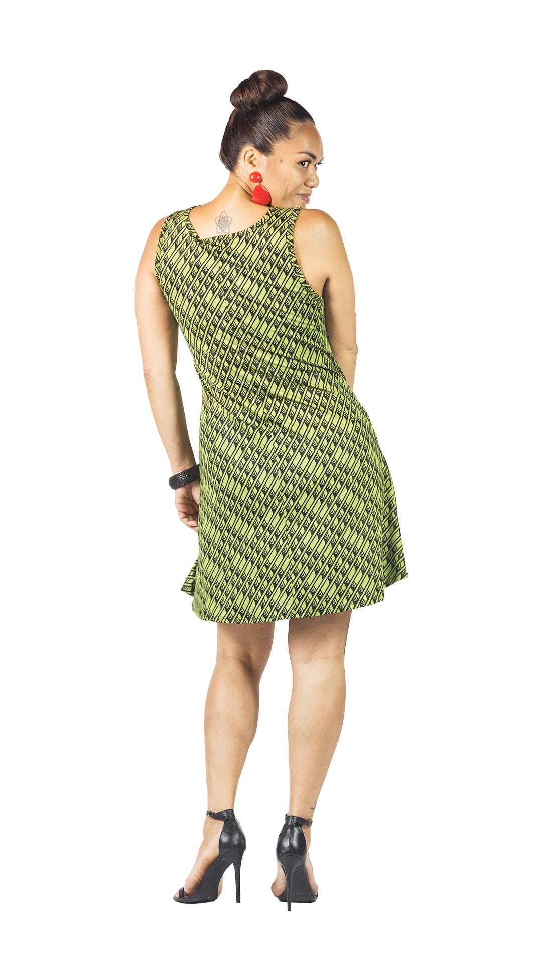 Female model wearing sleeveless dress in Green Tea - Back View