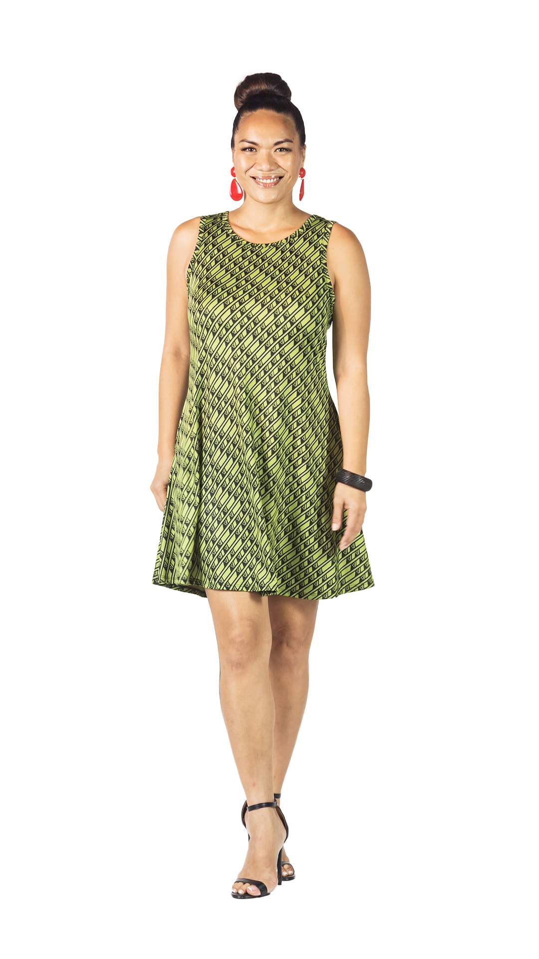Female model wearing sleeveless dress in Green Tea - Front View