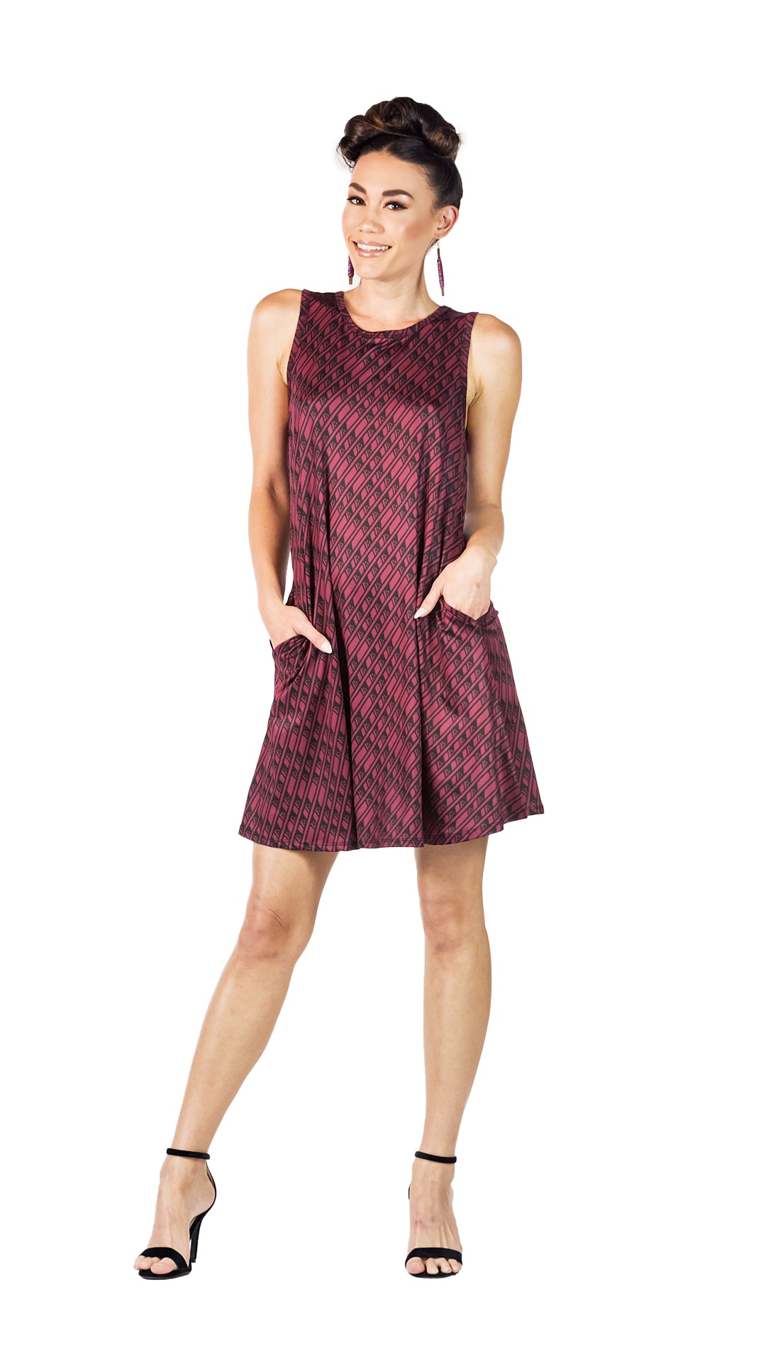 Female model wearing sleeveless dress in Burgundy and Blackberry - Front View