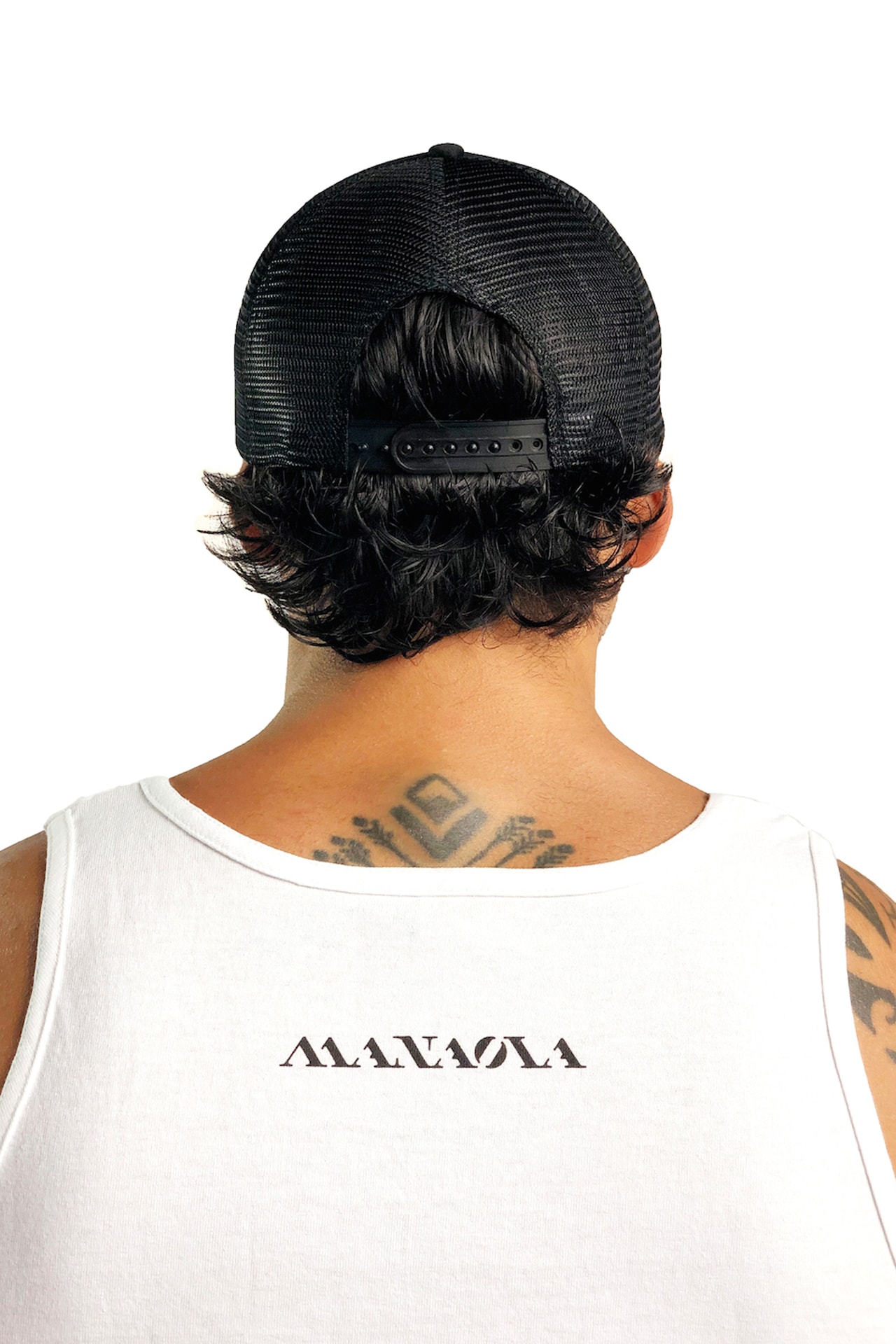 Male model wearing Logo Trucker Hat in Black - Back View