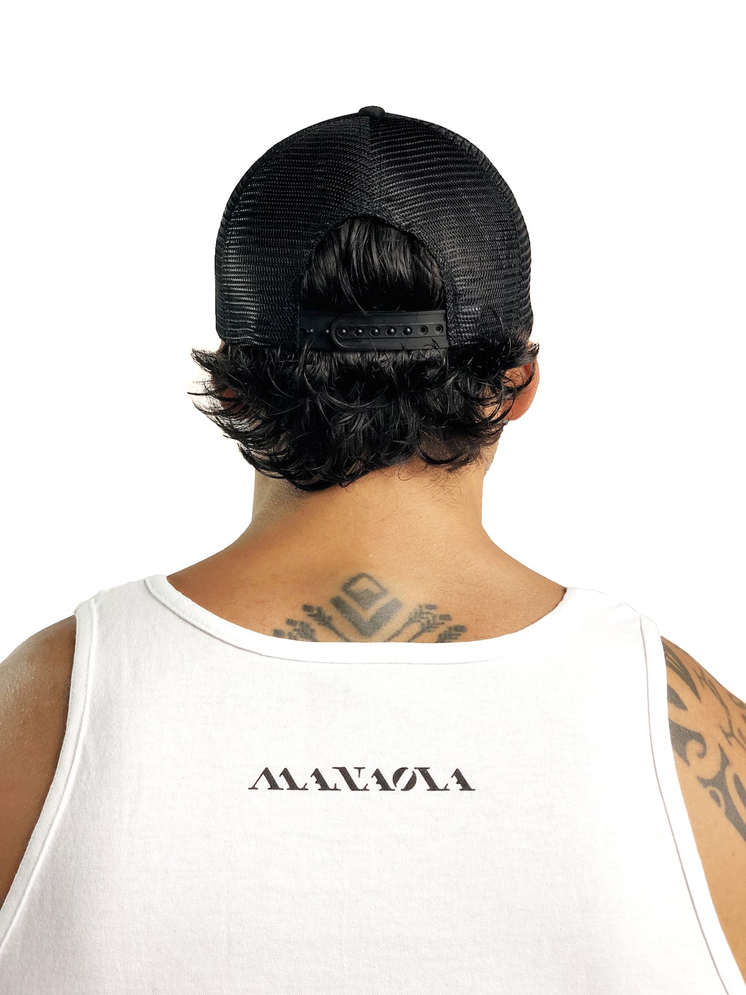 Male model wearing Logo Trucker Hat in Black - Back View
