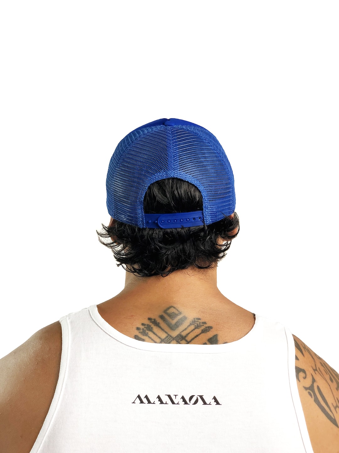 Male model wearing Logo Trucker Hat in Blue - Front View