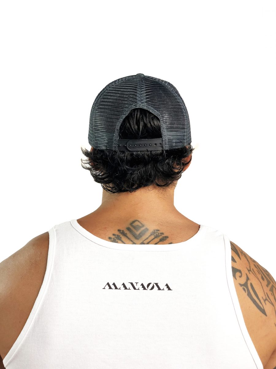 Male model wearing Logo Trucker Hat in Grey - Back View