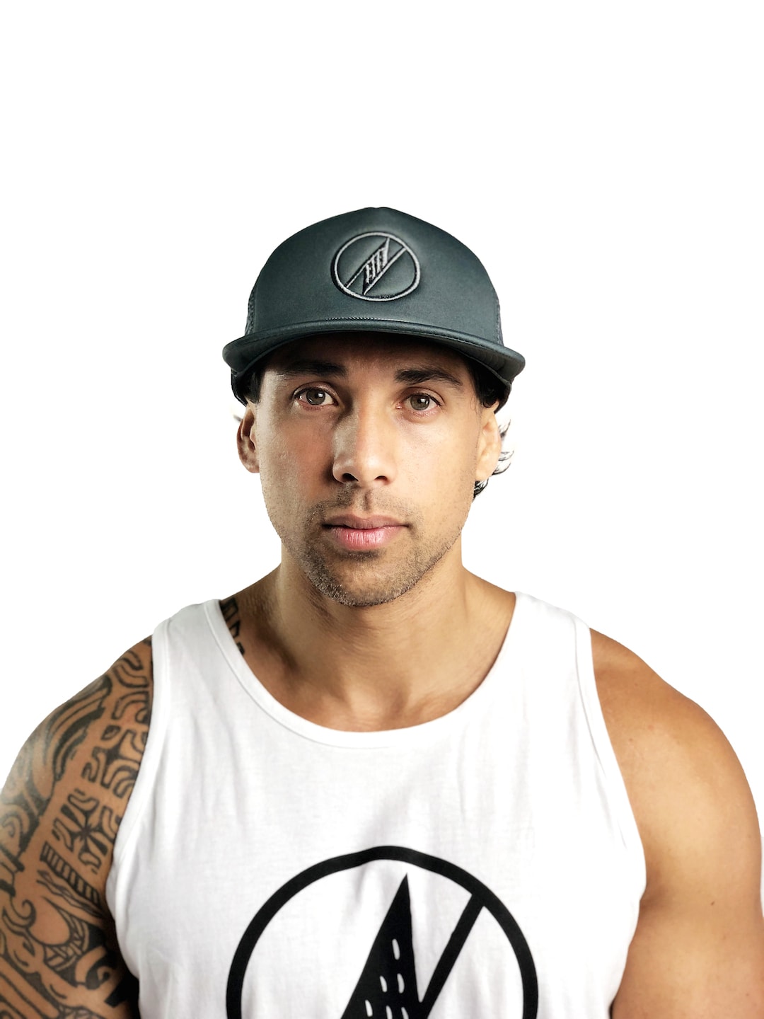Male model wearing Logo Trucker Hat in Grey - Front View