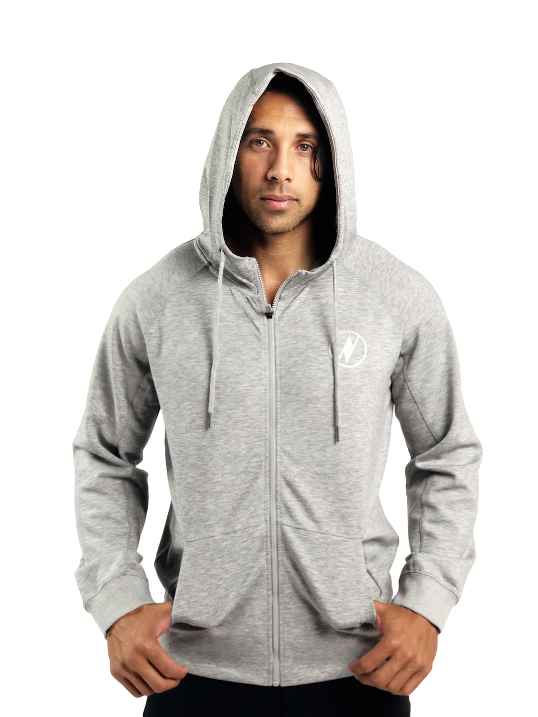 Male model wearing a Uwila Logo Jacket in Grey - Front View