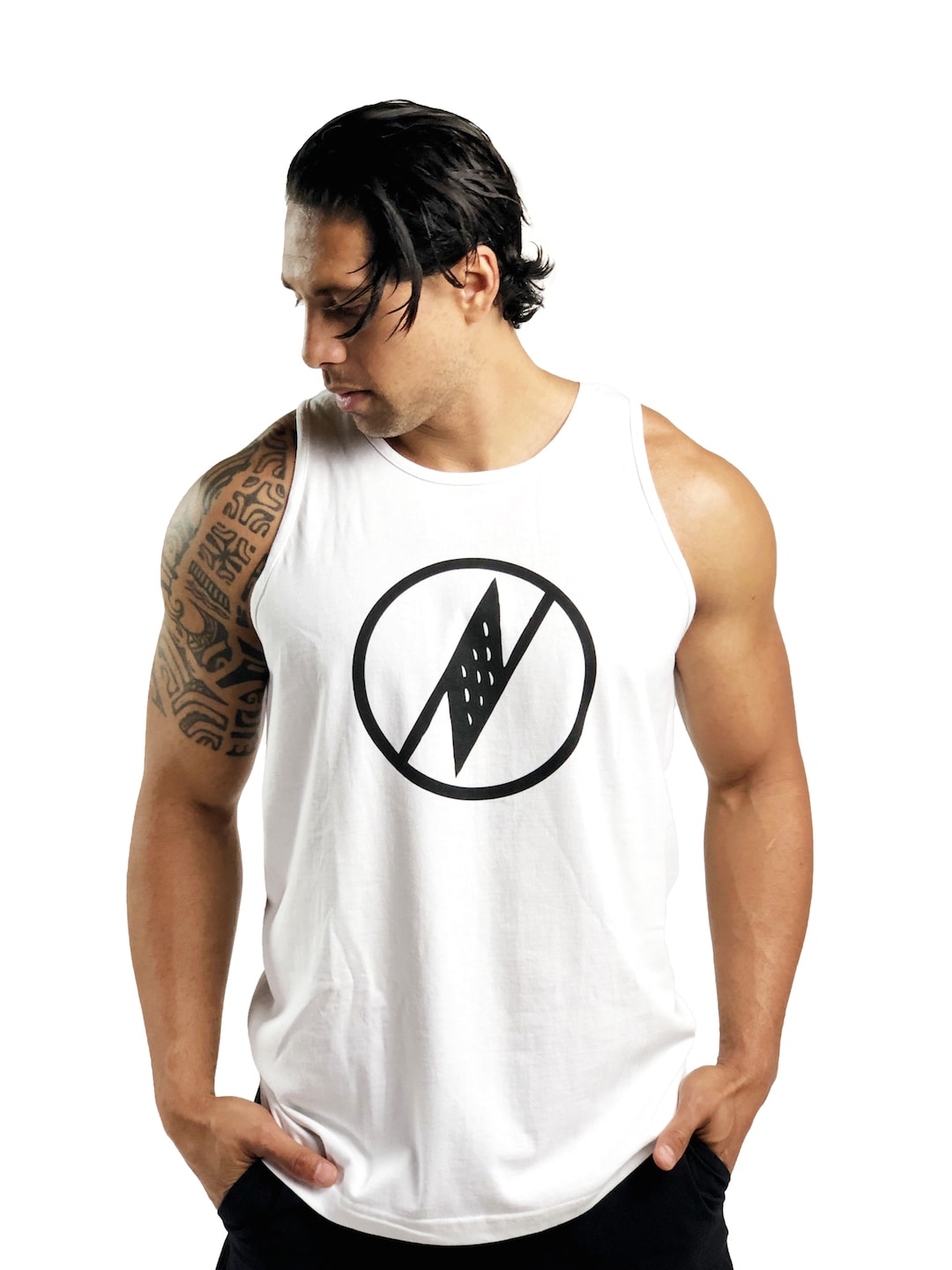 Male model wearing Logo Tank in White - Front View