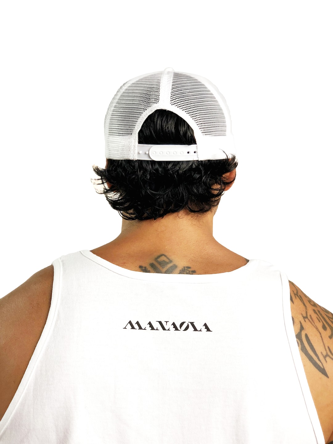 Male model wearing Logo Trucker Hat in White - Back View