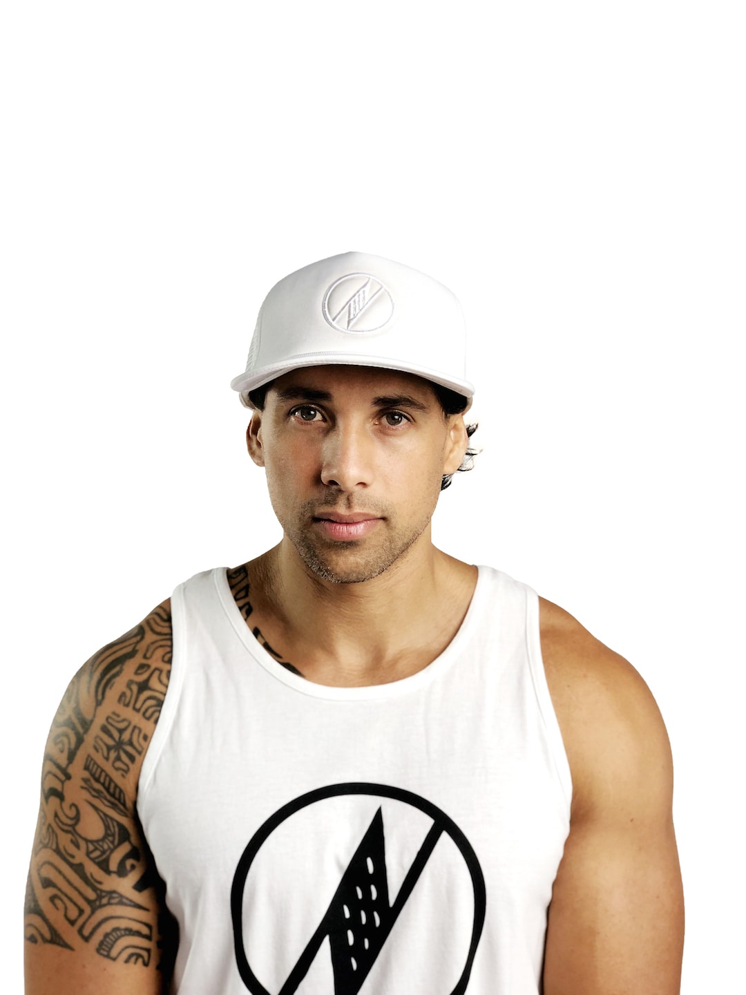 Male model wearing Logo Trucker Hat in White - Front View