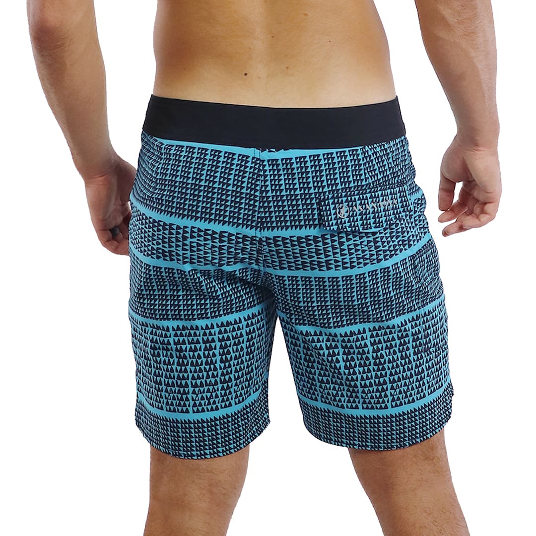 Male model wearing Boardshorts in Akoakoa Pattern and Blue - Back View