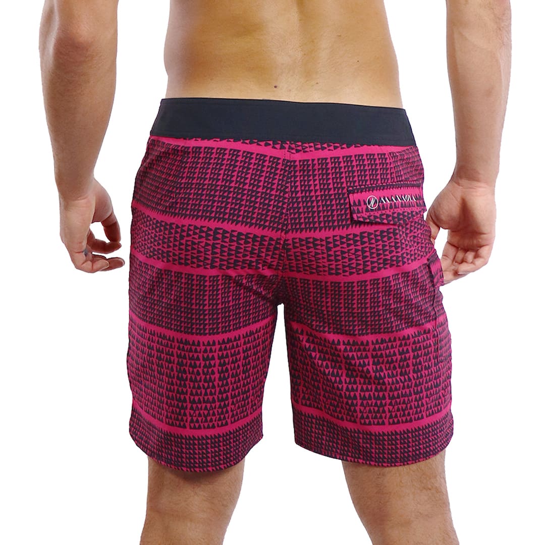 Male model wearing Boardshorts in Akoakoa Pattern and Red - Back View