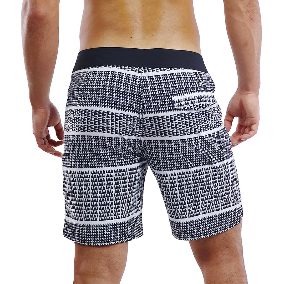 Male model wearing Boardshorts in Akoakoa Pattern and White - Back View