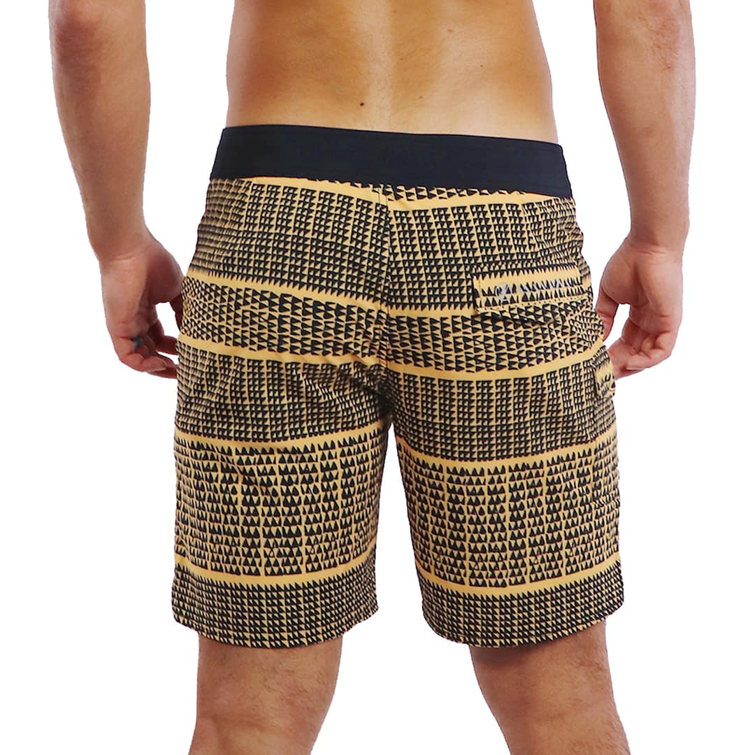 Male model wearing Boardshorts in Akoakoa Pattern and Yellow - Back View