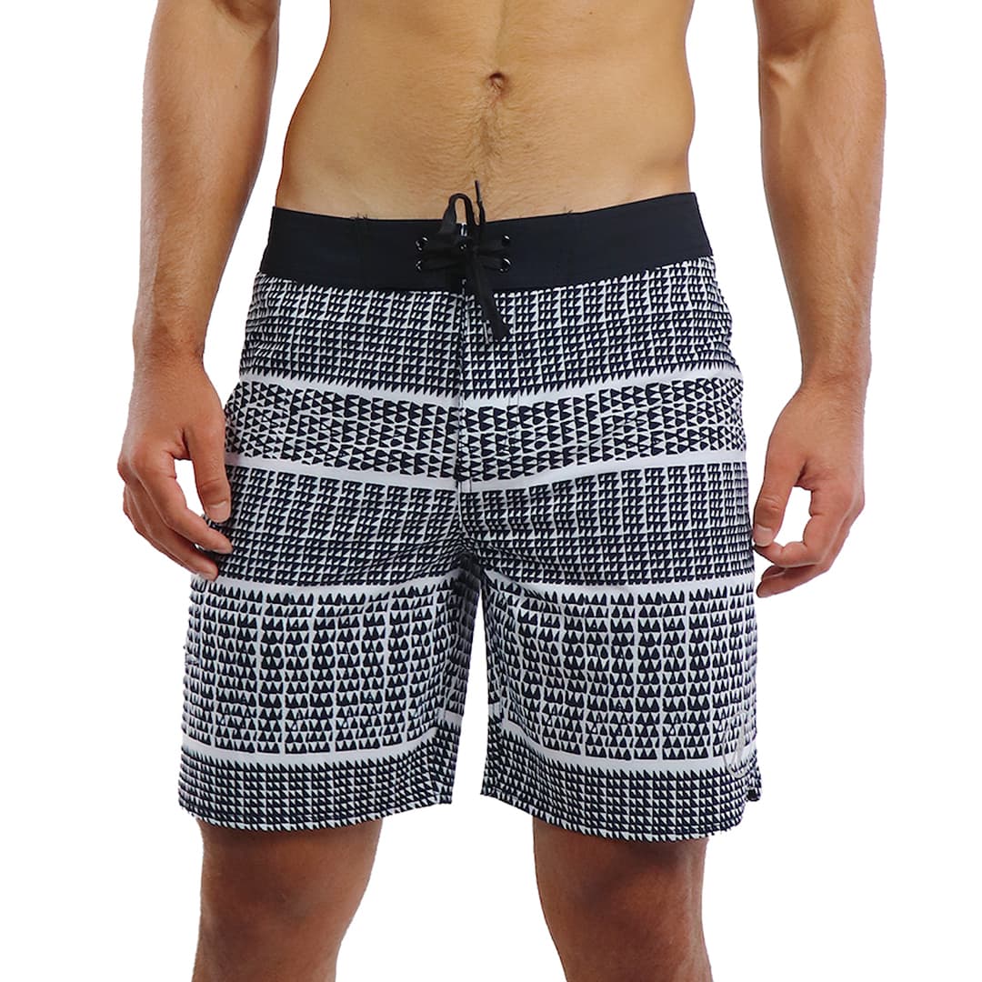 Male model wearing Boardshorts in Akoakoa Pattern and White - Front View