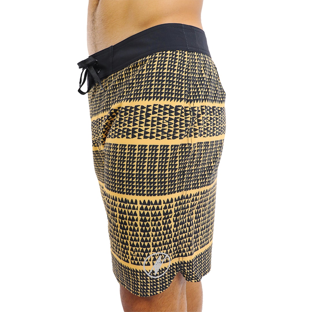 Male model wearing Boardshorts in Akoakoa Pattern and Yellow - Side View