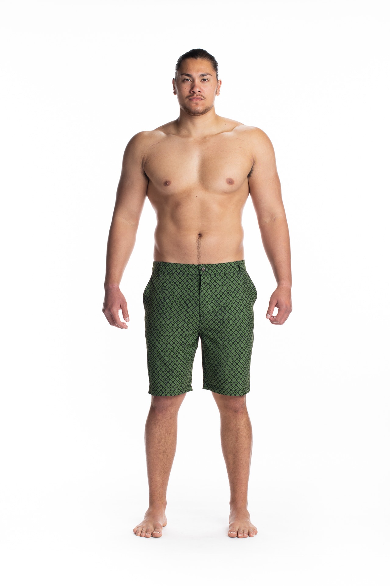 Male model wearing 4 Way Stretch in Black Green Upena - Front View