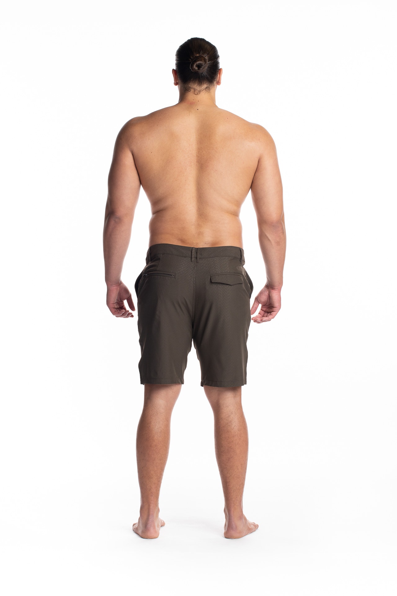 Male model wearing 4-way Stretch in Brown Niau - Back View