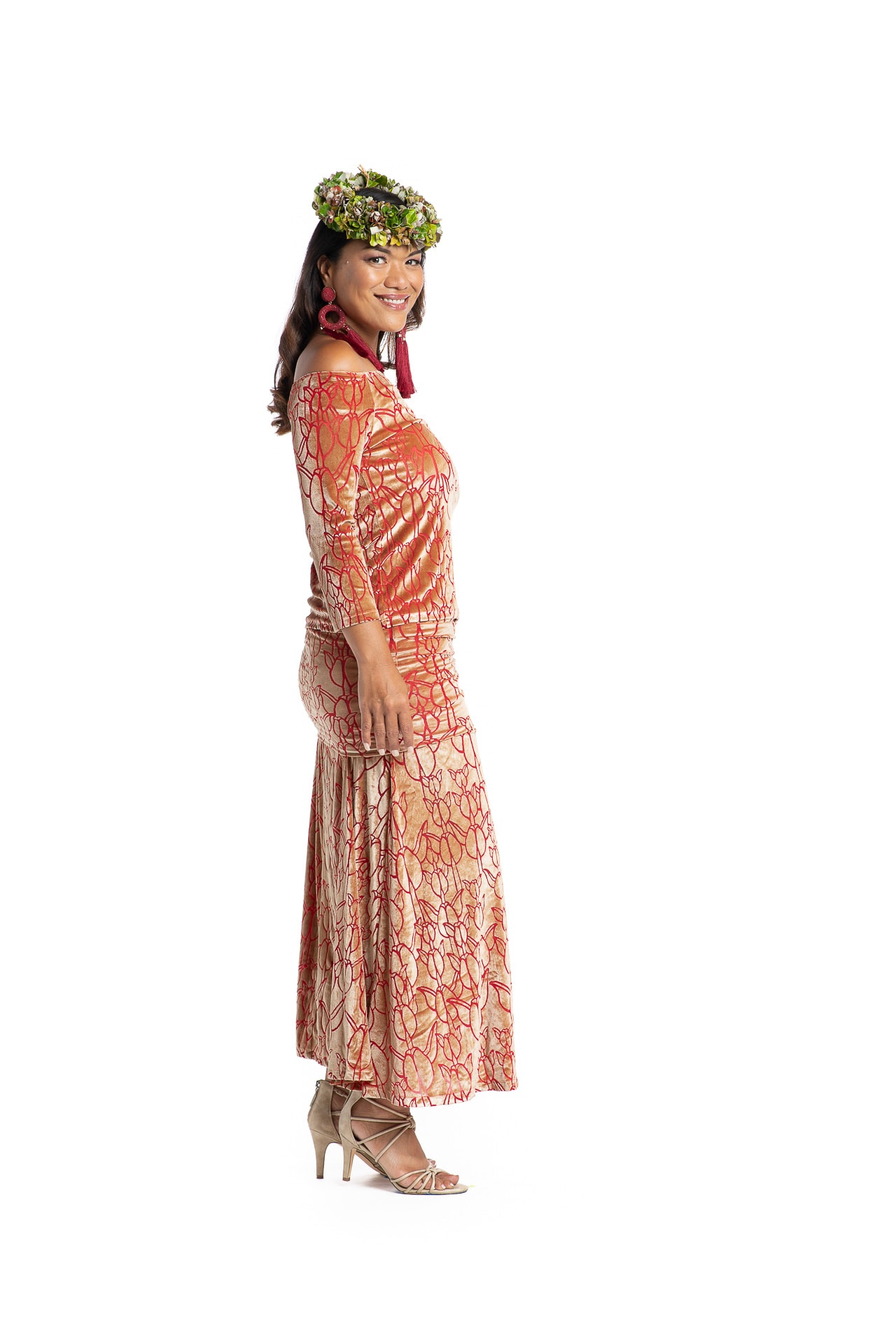 Model wearing Poohiwi Dress in Apricot - Side View