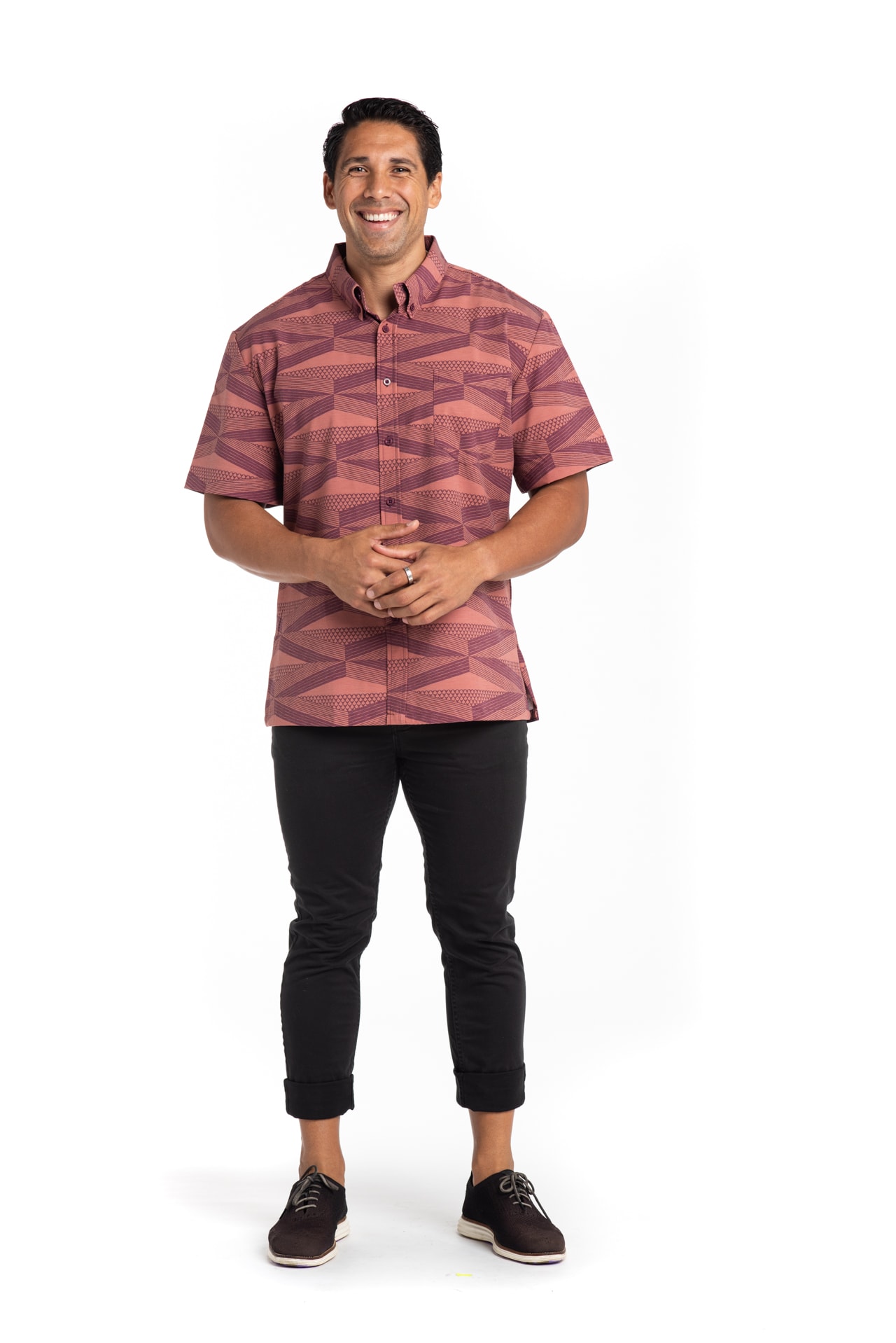 Male Model wearing Mahalo Nui Shirt in Copper - Front View