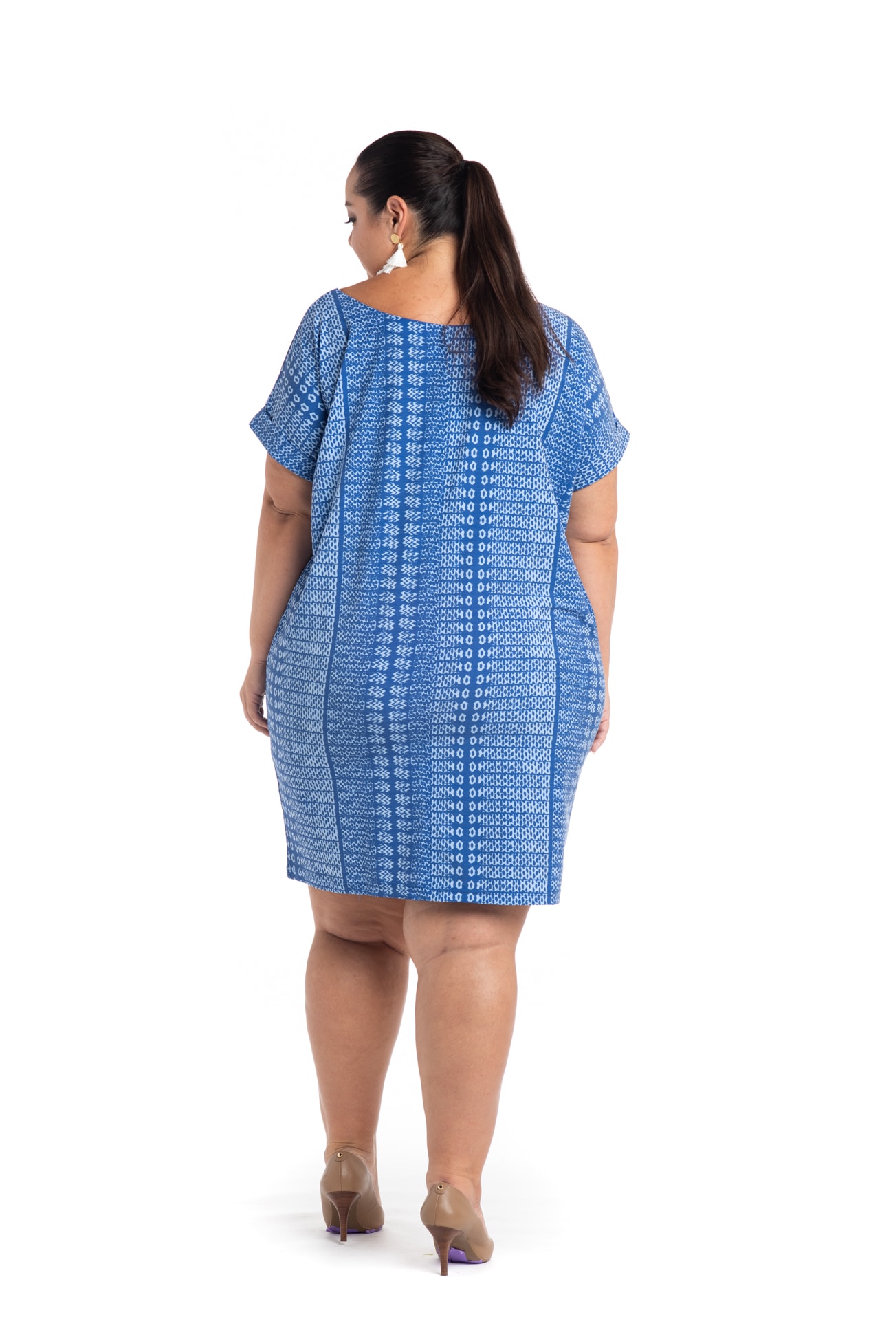 Model wearing Puaniu Shift Dress in Blue AkoaAkoa - Back View