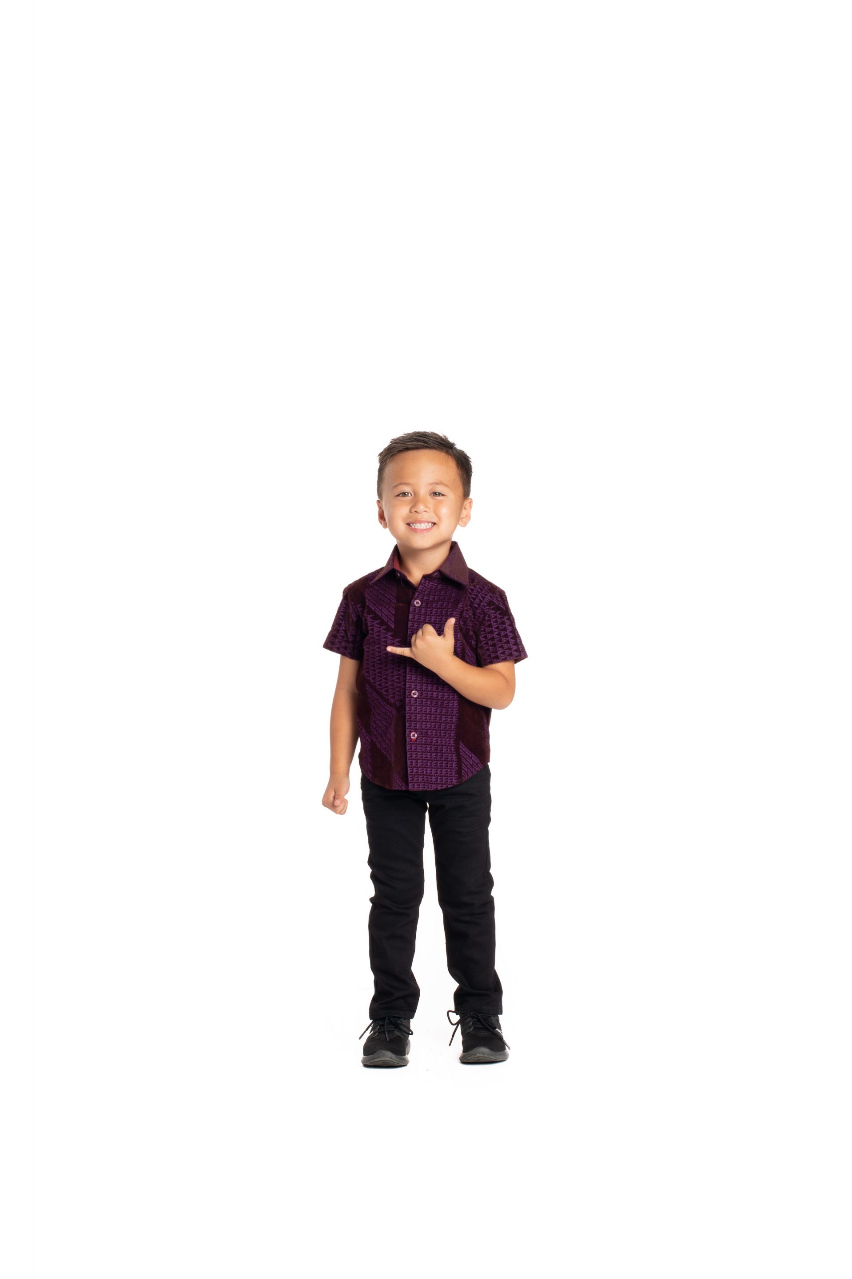 Boy wearing Keiki Aloha Short Sleeve in Purple Kamehameha - Front View