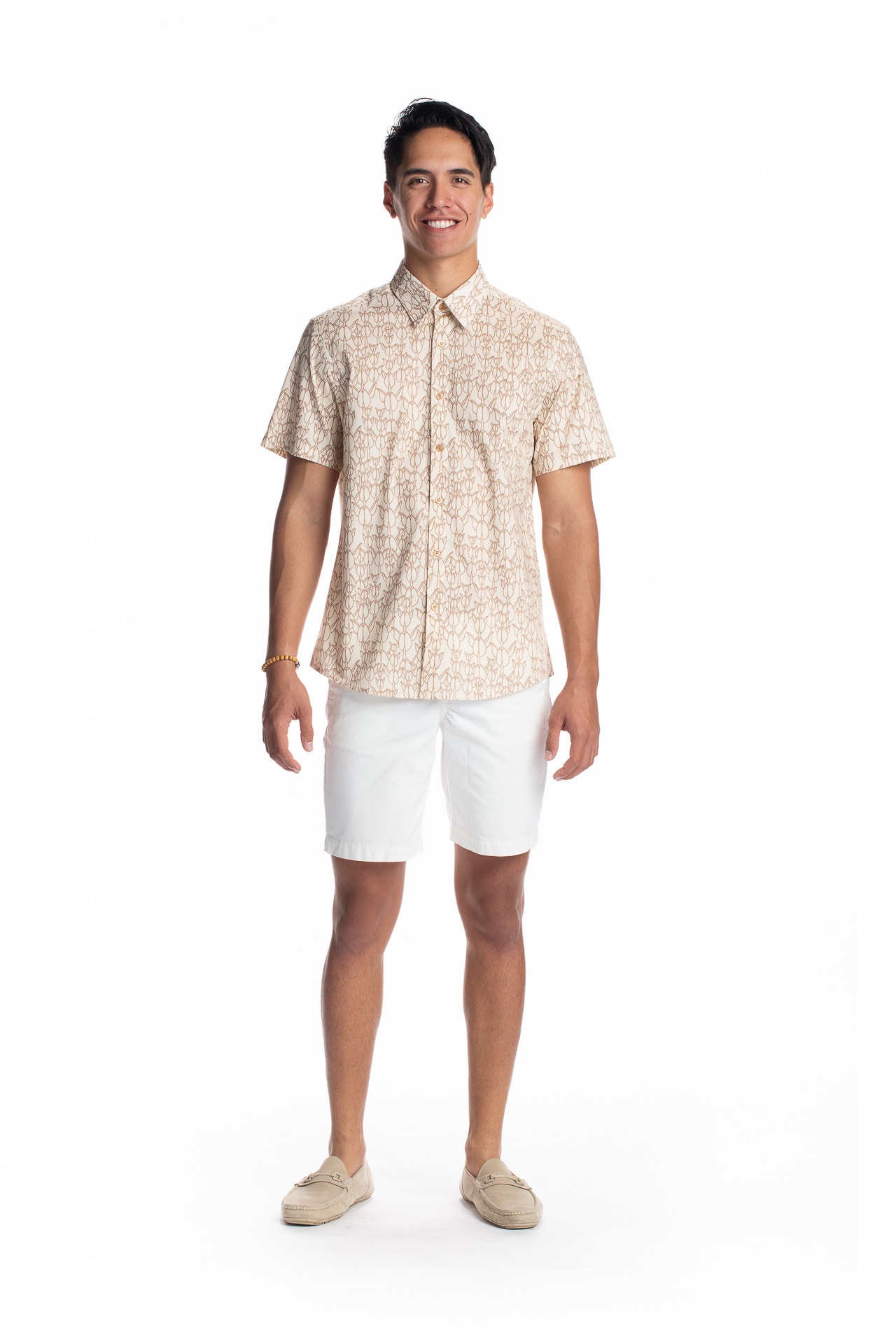 Male model wearing Aloha Short Sleeve in White Swan/Gingersnap - Front View