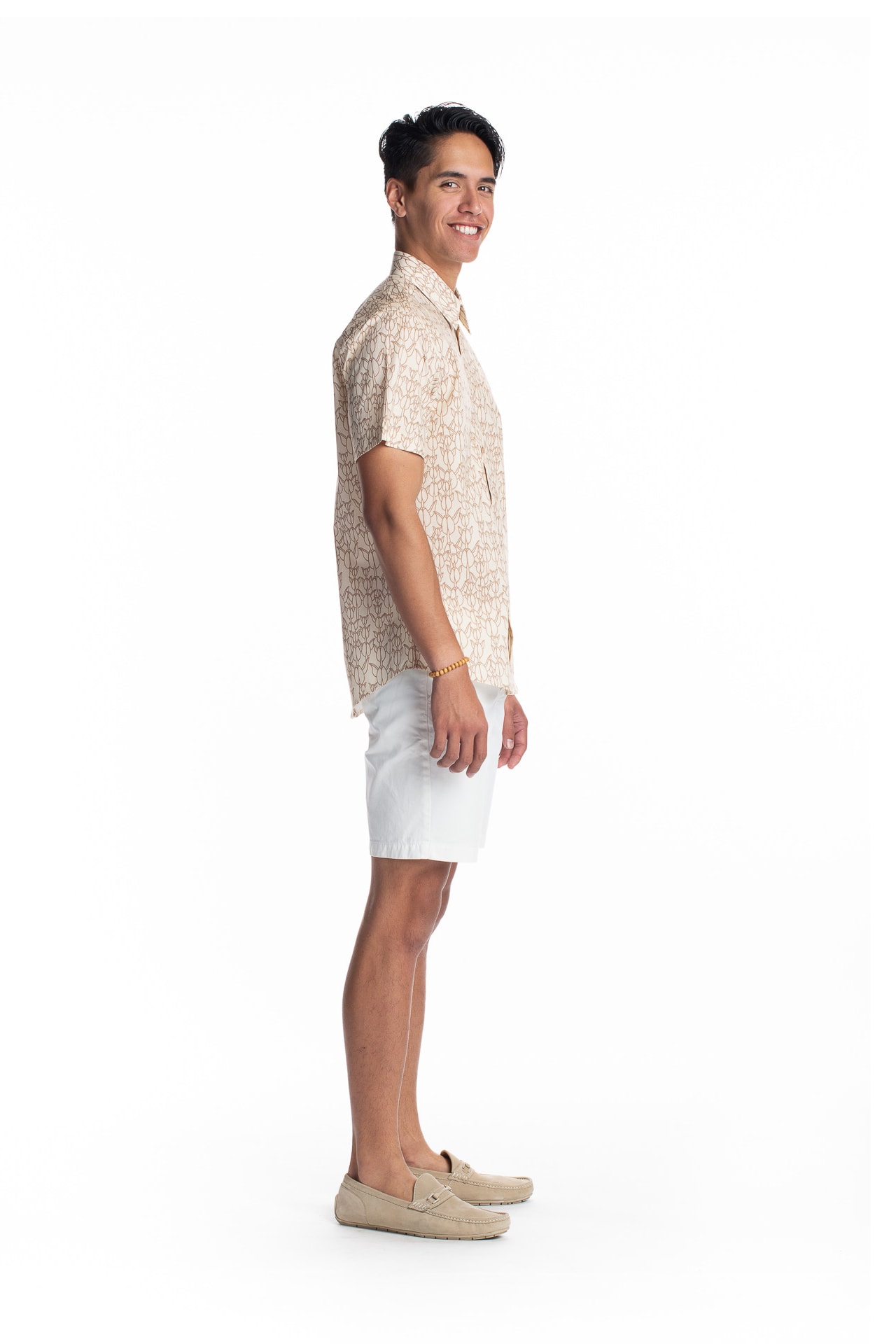 Male model wearing Aloha Short Sleeve in White Swan/Gingersnap - Side View
