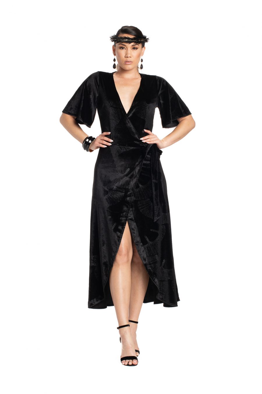 Model wearing Peahi Wrap Dress in Black - Front View