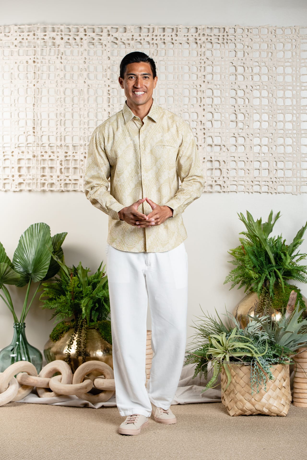 Male model wearing Aloha Long Sleeve in Sage Green Amau - Front View