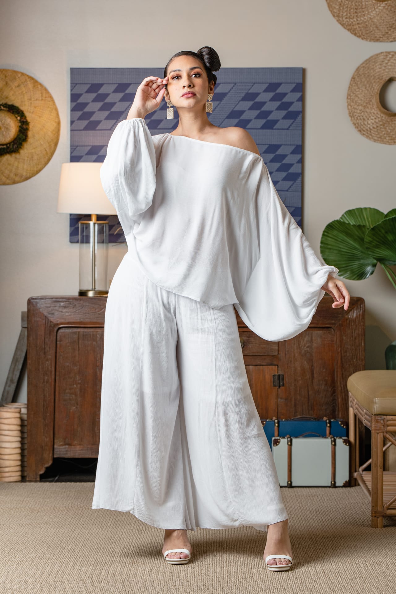 Model wearing Huakai Pant in Solid White - Front View