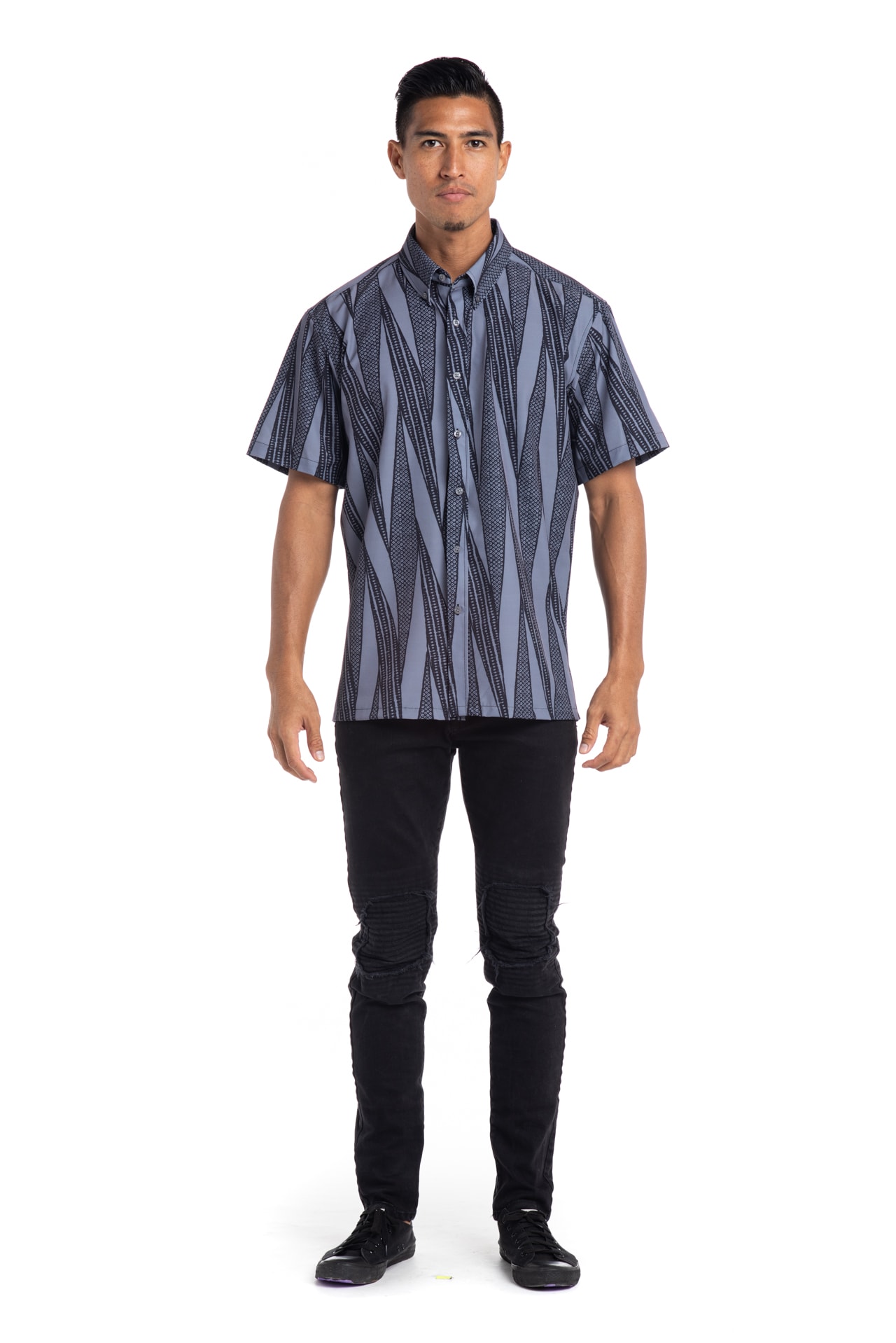 Male model wearing Mahalo Shirt in Gret Kialoa - Front View