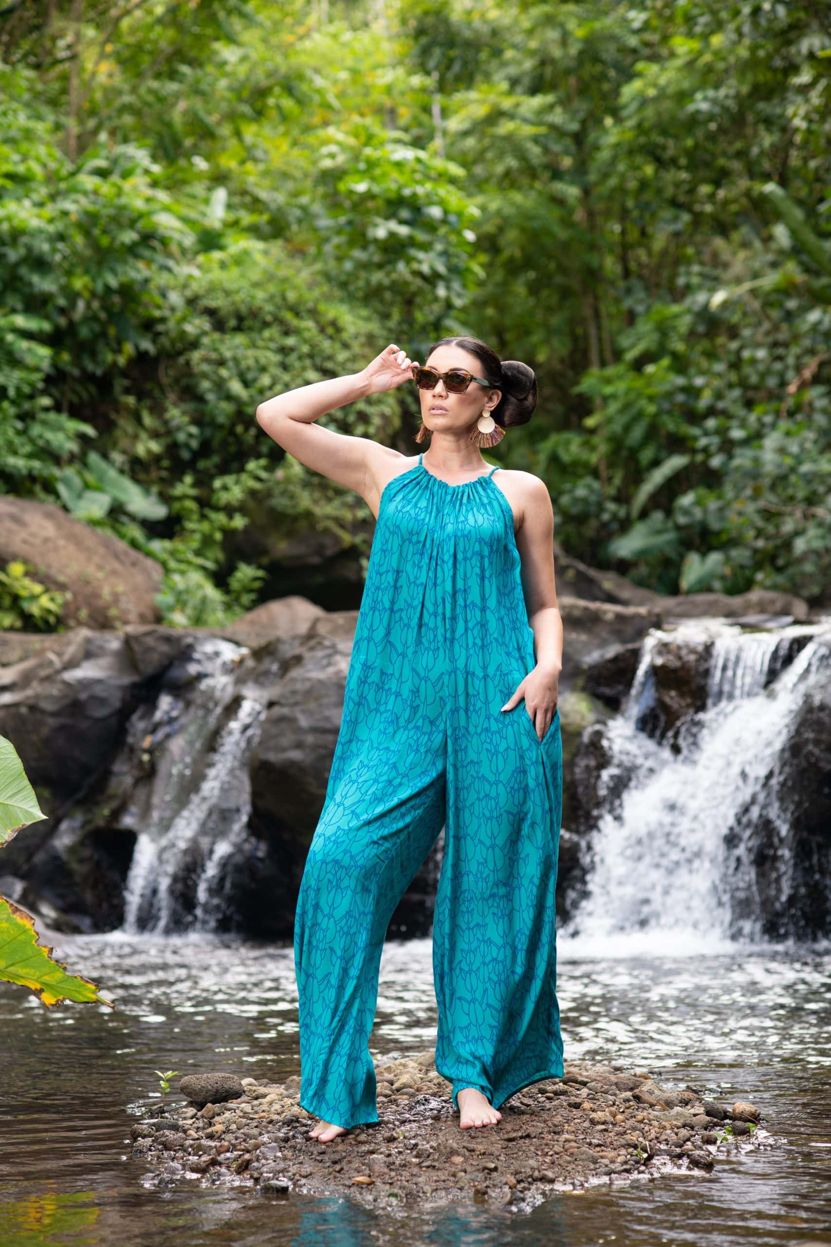 Model wearing Tita Jumpsuit in Blue/Grass Blue Kapualiko - Front View
