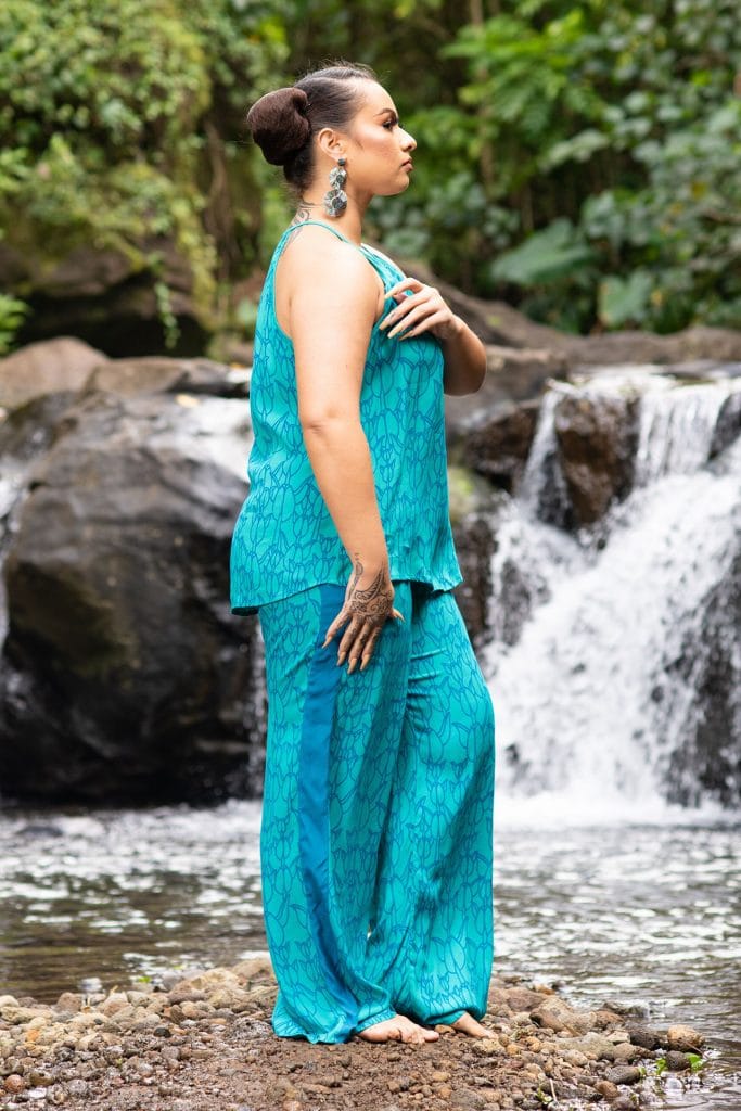 Model wearing Ola Pant in Blue Grass/Prov. Blue in Kapualiko - Side View