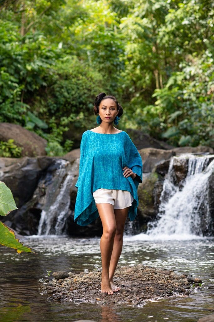 Model wearing PUAKO KAFTAN in Blue Grass/Prov. Blue in Kapualiko - Front View
