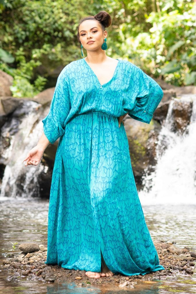 Model wearing Ululani Dress in Blue Grass/Prov. Blue Kapualiko - Front View