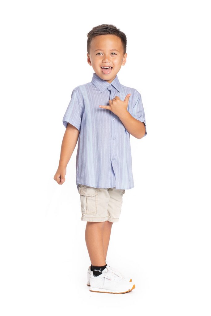 Boy wearing KEIKI ALOHA SHORT SLEEVE in Celestral/Illusion Blue