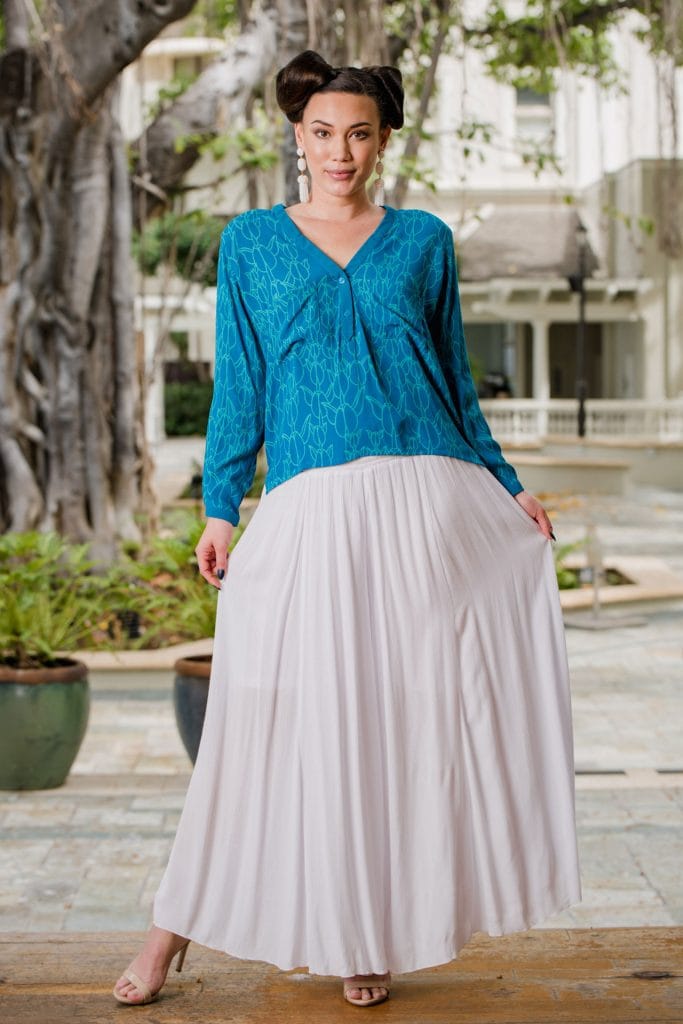 Model wearing Nanea Top in Prov. Blue/Blue Grass Kapualiko - Front View