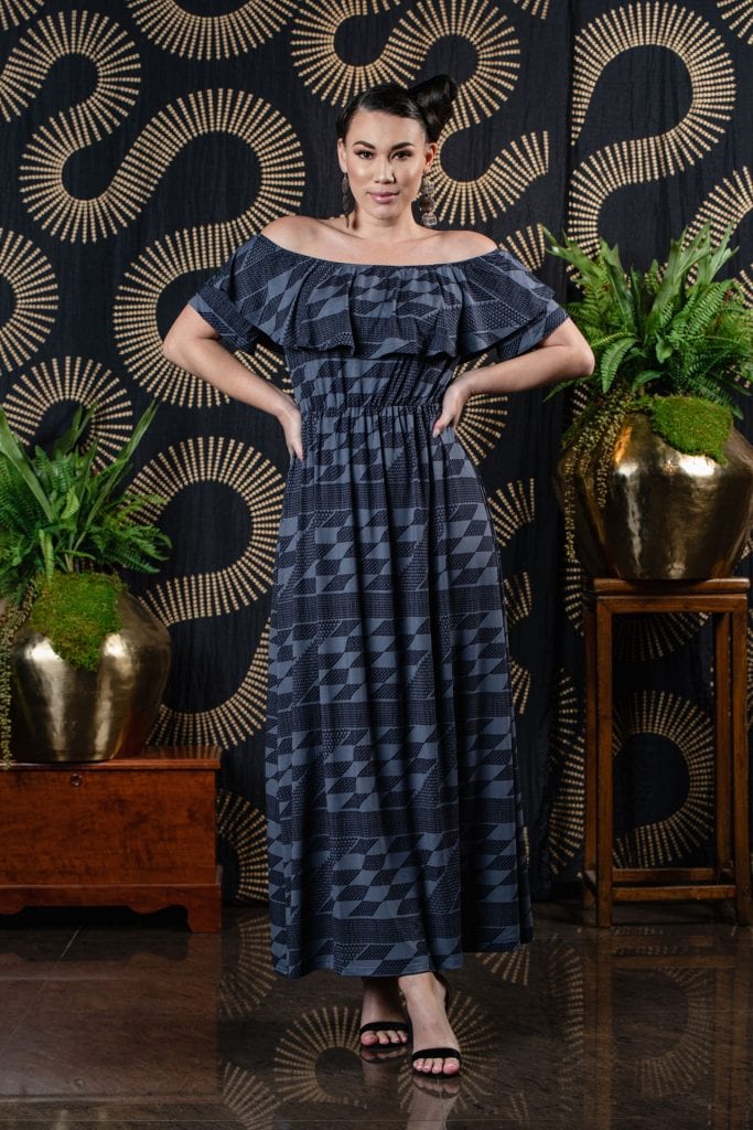 Model wearing Punaluu Maxi Dress in Folkstone Grey/Deepwell Kamehameha - Front View