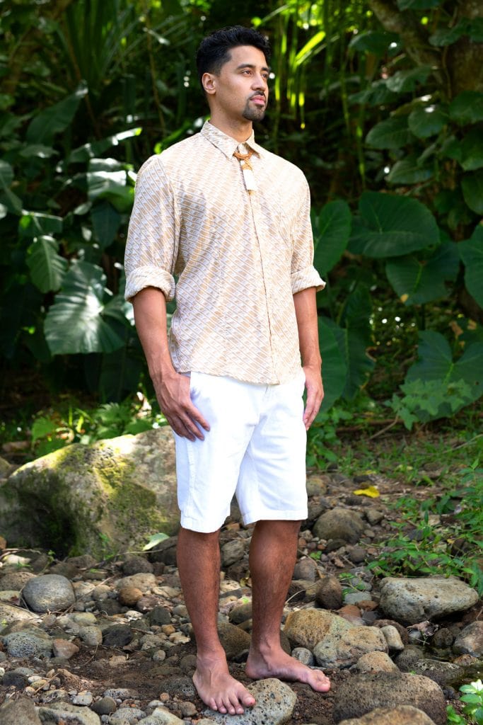 Male model wearing Hilo Shirt L-S in Tannin/Moonbeam - Front View